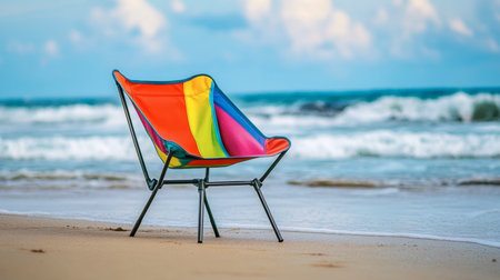 A colorful folding cartoon chair, positioned on a sunny beach with exaggerated waves in the background.の素材