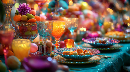 A festive table setting adorned with an array of sweetmeats for a special celebration, filled with color and joy.の素材