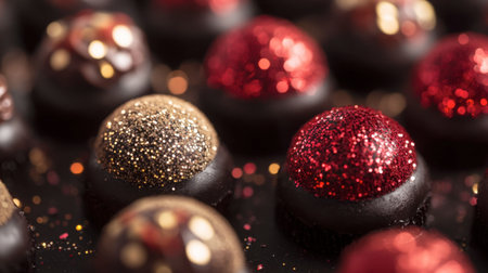 A delightful close-up of sweetmeats decorated with edible glitter, capturing their festive and celebratory spirit.の素材