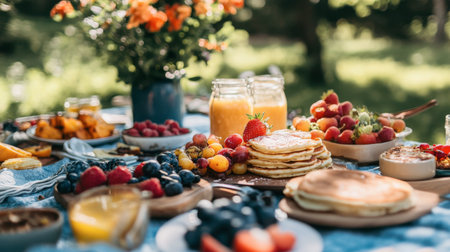 A delightful outdoor brunch featuring Northern food favorites like pancakes and fresh fruit, enjoyed with friends and family.の素材