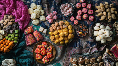 A delightful assortment of traditional sweetmeats displayed on a vibrant textile, capturing the essence of cultural celebrations.の素材