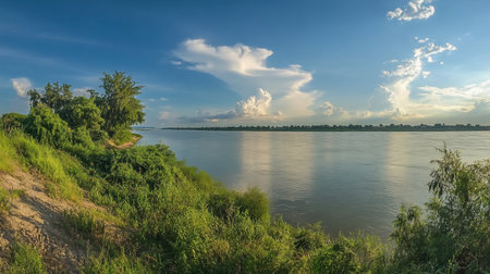 A panoramic view of the Mekong River from Nong Khai, showcasing lush greenery and calm waters.の素材
