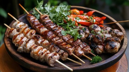 A mouthwatering plate of Northern-style grilled meats served with fresh herbs and seasonal vegetables, perfect for outdoor dining.の素材