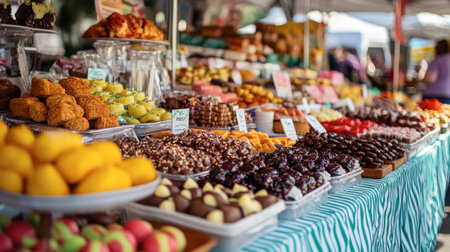 A colorful display of Northern foods at a local fair, featuring sweet and savory treats made from traditional recipes.の素材