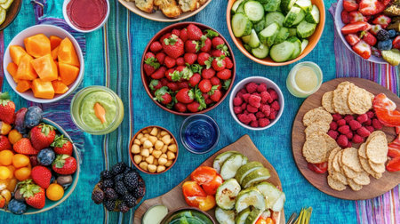 A colorful picnic spread featuring a variety of Northern snacks and finger foods, perfect for outdoor gatherings.の素材