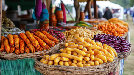 A colorful display of Northern foods at a local fair, featuring sweet and savory treats made from traditional recipes.の素材