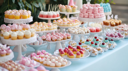 A delightful child birthday party featuring a dessert table overflowing with sweetmeats, cakes, and treats.の素材