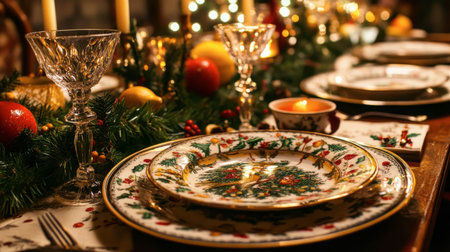 A festive holiday dinner featuring traditional Northern dishes served on beautifully decorated plates, creating a warm atmosphere.の素材