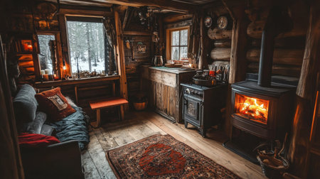 A cozy cabin in the North with a pot of stew bubbling on the stove, inviting guests to warm up and enjoy a hearty meal.の素材
