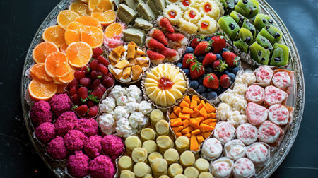 A colorful mix of sweetmeats from different cultures, arranged on a large platter for a celebration.の素材