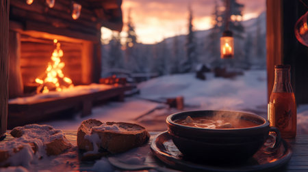 A cozy evening at a Northern lodge, with guests enjoying a warm bowl of soup and fresh bread by the fireplace.の素材