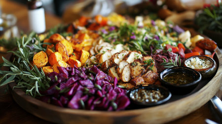 A colorful platter of traditional Northern dishes, such as roasted root vegetables, hearty grain salads, and herbal sauces.の素材