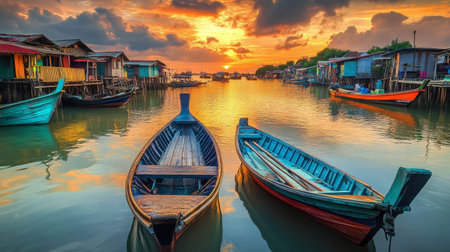 A picturesque fishing village in Phang Nga, with stilt houses and colorful boats bobbing in the harbor during sunrise.の素材