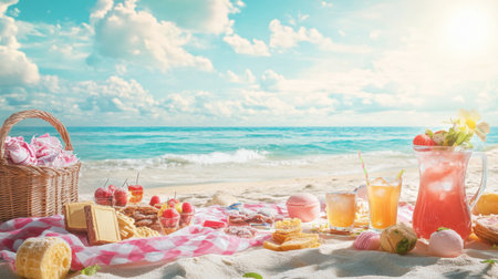 A scenic beach picnic featuring an assortment of sweetmeats and refreshing drinks under a sunny sky.の素材