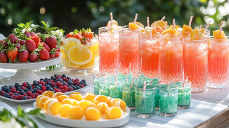 A refreshing summer gathering featuring a platter of sweetmeats and refreshing beverages, perfect for hot days.の素材