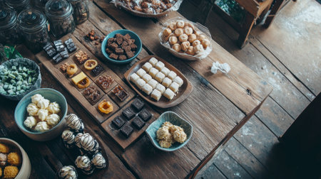 A rustic wooden table filled with homemade sweetmeats, inviting friends and family to gather and indulge.の素材