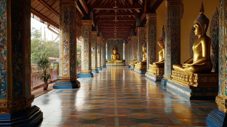 A scenic shot of the Wat Pho Chai temple in Nong Khai, with its gleaming golden Buddha statues and stunning architecture.の素材