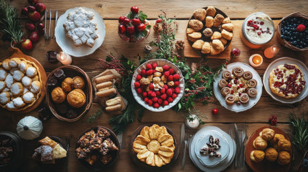 A rustic wooden table filled with homemade sweetmeats, inviting friends and family to gather and indulge.の素材