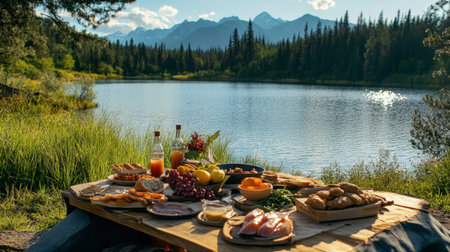 A scenic picnic spot by a lake featuring Northern food favorites like smoked salmon, crusty bread, and seasonal fruits.の素材
