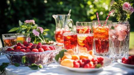 A refreshing summer gathering featuring a platter of sweetmeats and refreshing beverages, perfect for hot days.の素材