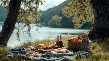 A scenic picnic spot by a lake featuring Northern food favorites like smoked salmon, crusty bread, and seasonal fruits.の素材