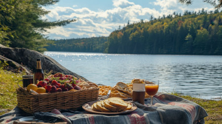 A scenic picnic spot by a lake featuring Northern food favorites like smoked salmon, crusty bread, and seasonal fruits.の素材