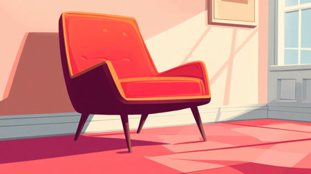 A retro-style cartoon chair with bold colors and thick lines, sitting in a mid-century animated room.の素材