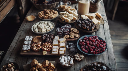 A rustic wooden table filled with homemade sweetmeats, inviting friends and family to gather and indulge.の素材
