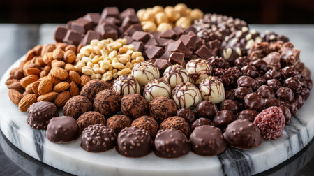 A rich display of chocolate-covered sweetmeats with a sprinkling of nuts, served on a marble platter.の素材