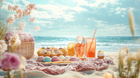 A scenic beach picnic featuring an assortment of sweetmeats and refreshing drinks under a sunny sky.の素材