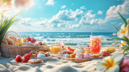 A scenic beach picnic featuring an assortment of sweetmeats and refreshing drinks under a sunny sky.の素材