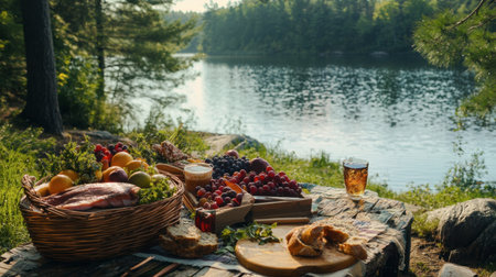 A scenic picnic spot by a lake featuring Northern food favorites like smoked salmon, crusty bread, and seasonal fruits.の素材