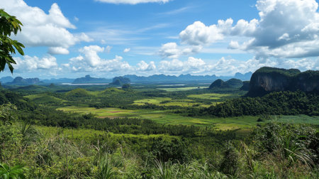 A scenic viewpoint at Phang Nga National Park, overlooking vast stretches of green hills and limestone formations.の素材