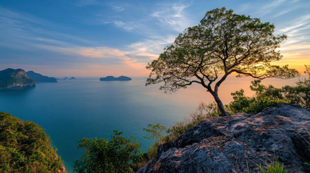 A serene view of the Andaman Sea from a cliffside viewpoint in Phang Nga, capturing the beauty of the surrounding landscape.の素材
