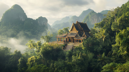 A traditional Thai temple nestled in the hills of Phang Nga, surrounded by lush vegetation and offering a glimpse into local culture.の素材