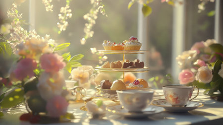A serene afternoon tea setting featuring sweetmeats served on fine china, surrounded by flowers and sunlight.の素材