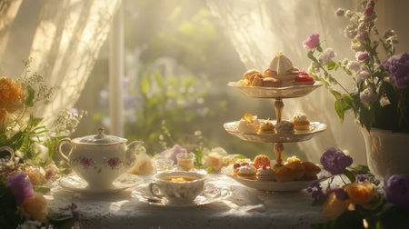 A serene afternoon tea setting featuring sweetmeats served on fine china, surrounded by flowers and sunlight.の素材
