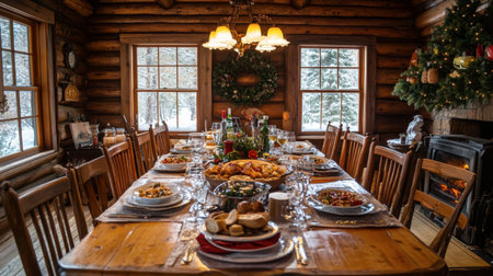 A serene setting featuring a cozy cabin with a hearty Northern meal prepared on the table, inviting guests to sit down and enjoy.の素材