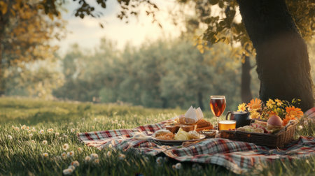 A serene countryside scene with a traditional Northern meal served on a picnic blanket, surrounded by nature and tranquility.の素材