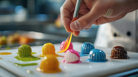 A skilled chef glazing sweetmeats with colorful icing, showcasing the final touches before serving.の素材