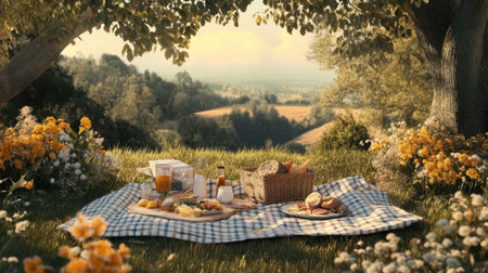 A serene countryside scene with a traditional Northern meal served on a picnic blanket, surrounded by nature and tranquility.の素材