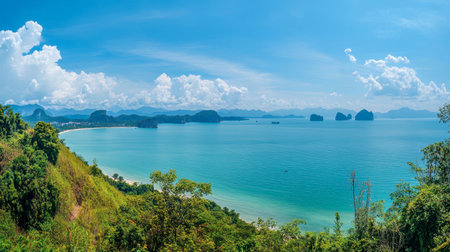 A serene view of the Andaman Sea from a cliffside viewpoint in Phang Nga, capturing the beauty of the surrounding landscape.の素材