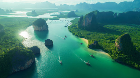 A stunning aerial view of Phang Nga Bay, showcasing the iconic limestone karsts emerging from emerald waters, with boats dotting the landscape.の素材