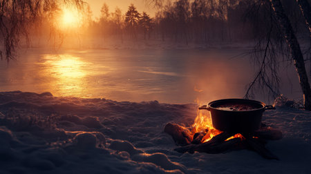 A serene winter scene with a pot of Northern stew simmering over an open fire, highlighting the warmth of traditional cooking.の素材
