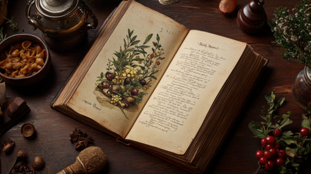 A traditional family recipe book open to a page on sweetmeats, with ingredients and steps beautifully illustrated.の素材