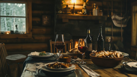 A serene setting featuring a cozy cabin with a hearty Northern meal prepared on the table, inviting guests to sit down and enjoy.の素材