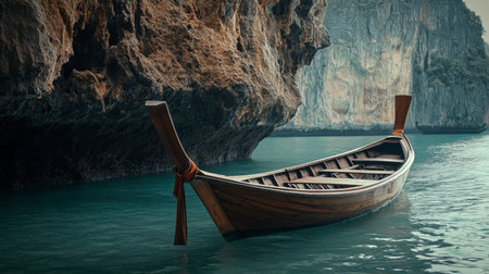 A traditional Thai long-tail boat anchored near the stunning limestone cliffs of Phang Nga, ready for an adventure on the water.の素材