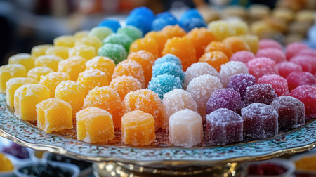 A variety of colorful sweetmeats arranged on a decorative platter, ready to be served.の素材