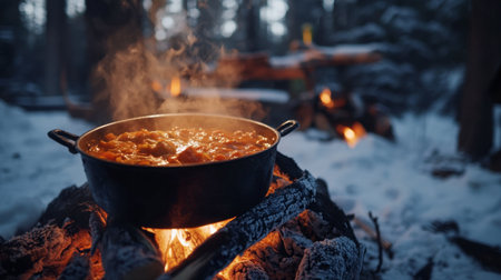 A serene winter scene with a pot of Northern stew simmering over an open fire, highlighting the warmth of traditional cooking.の素材