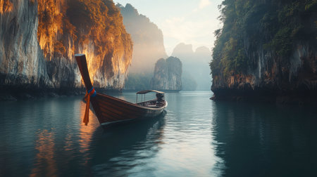 A traditional Thai long-tail boat anchored near the stunning limestone cliffs of Phang Nga, ready for an adventure on the water.の素材